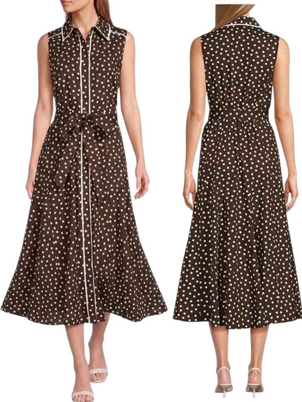 Anne Klein Dark Chocolate & White Dove Polka Dot Sleeveless Midi Dress
